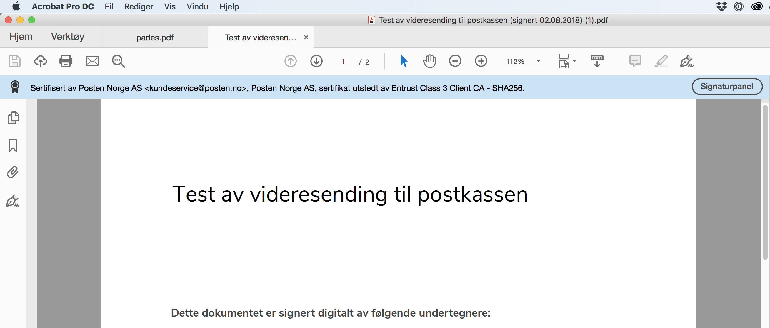 Display of Pades in Adobe with document in production environment